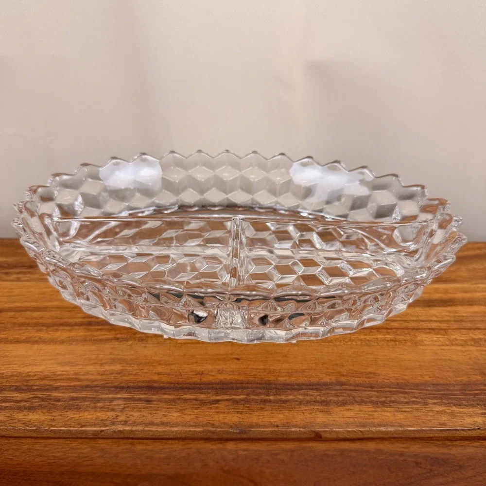 Fostoria America Clear Glass 3 Part Divided Relish Dish Oval Cube Pattern 10.5in